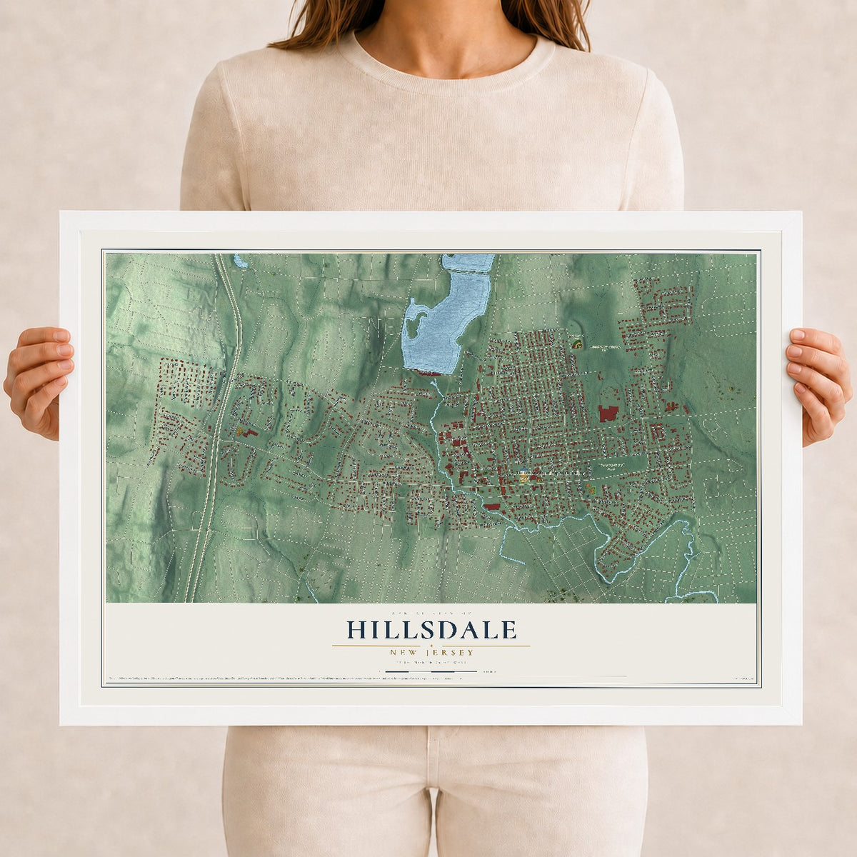Hillsdale, New Jersey map print, 12" x 18" W/ White Ayous Wood Frame mockup