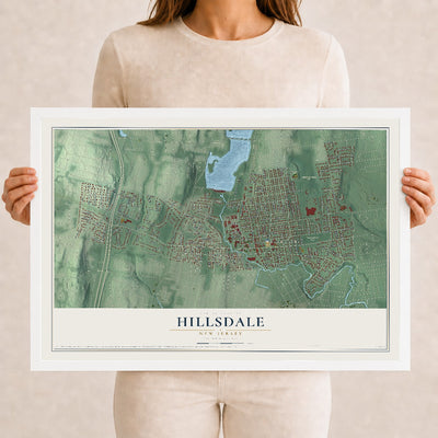 Hillsdale, New Jersey map print, 12" x 18" W/ White Ayous Wood Frame mockup