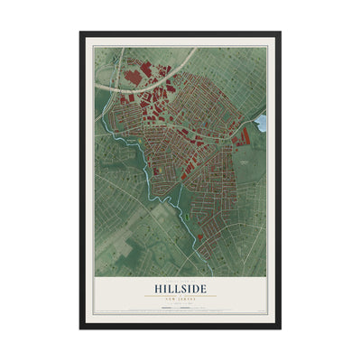 Hillside, New Jersey map print, 12" x 18" W/ Black Ayous Wood Frame mockup