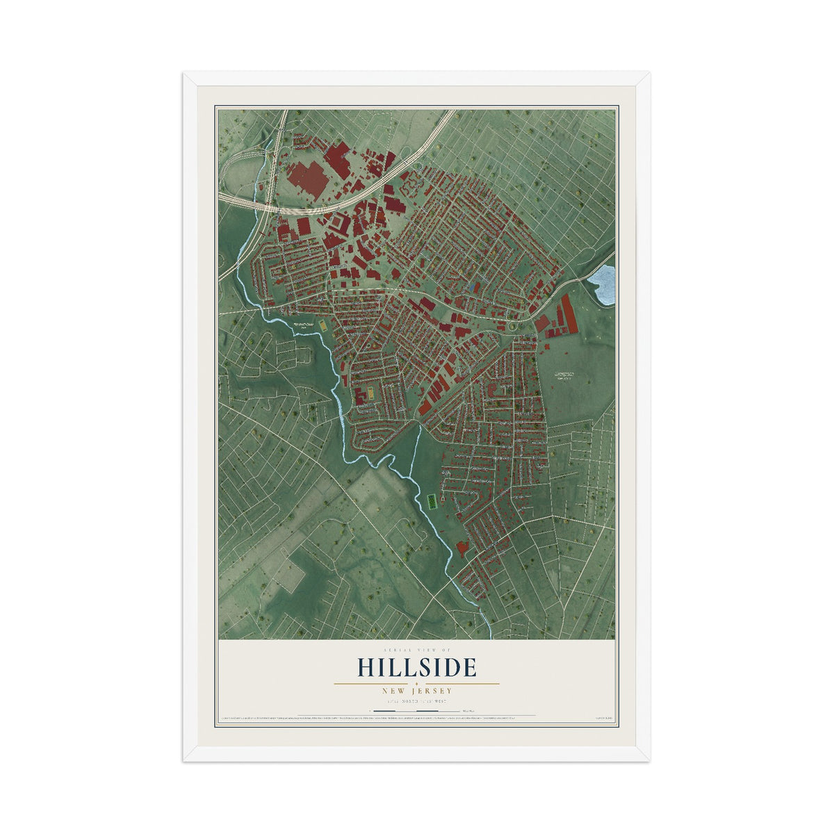 Hillside, New Jersey map print, 12" x 18" W/ White Ayous Wood Frame mockup