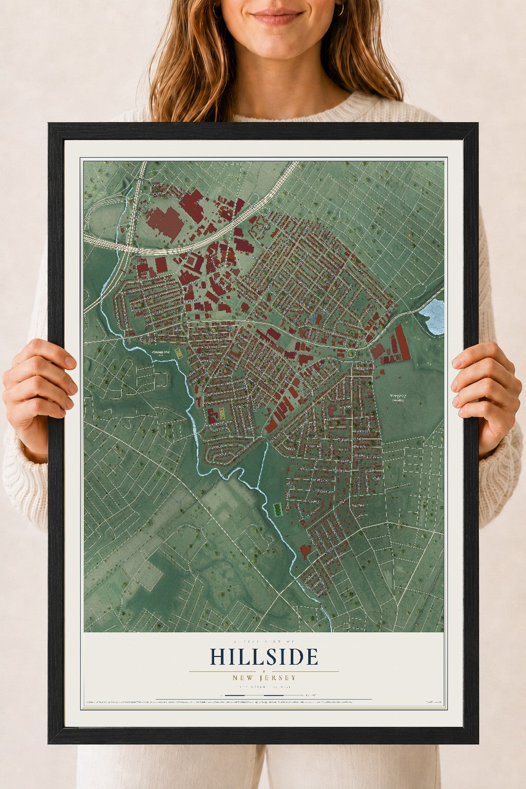 Hillside, New Jersey map print, 18" x 24" W/ Black Ayous Wood Frame mockup