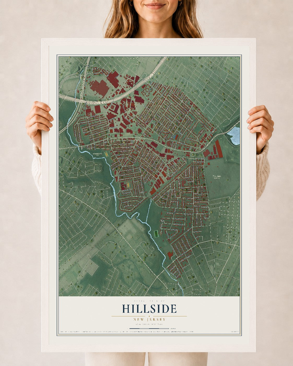 Hillside, New Jersey map print, 24" x 36" W/ White Ayous Wood Frame mockup