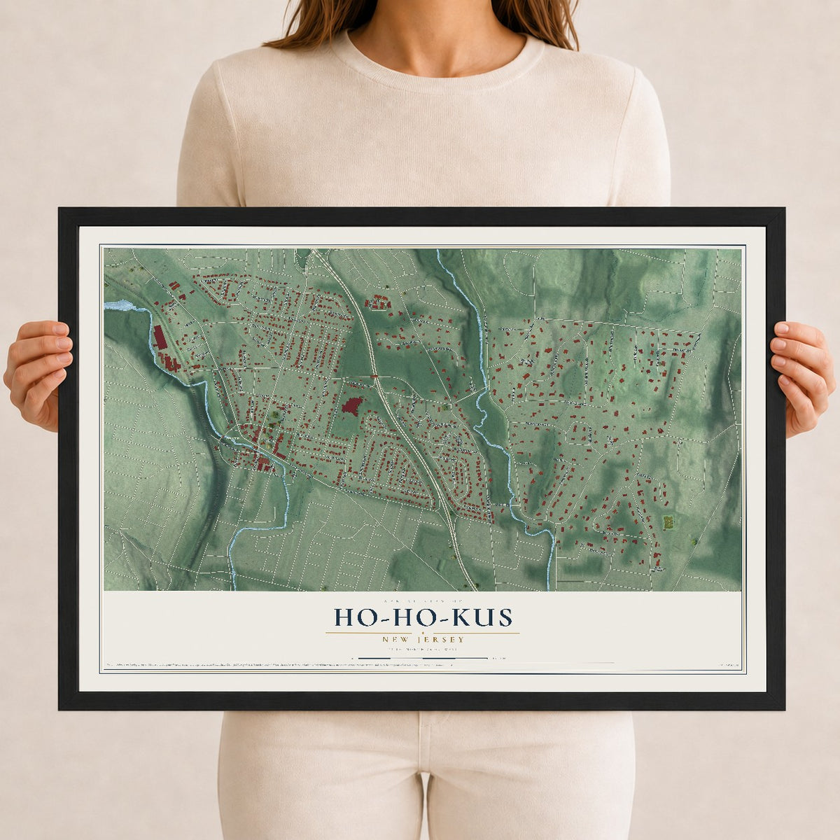 Ho-Ho-Kus, New Jersey map print, 12" x 18" W/ Black Ayous Wood Frame mockup