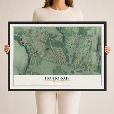 Ho-Ho-Kus, New Jersey map print, 24" x 36" W/ Black Ayous Wood Frame mockup