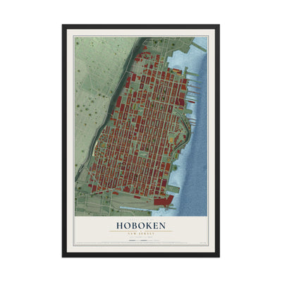 Hoboken, New Jersey map print, 12" x 18" W/ Black Ayous Wood Frame mockup