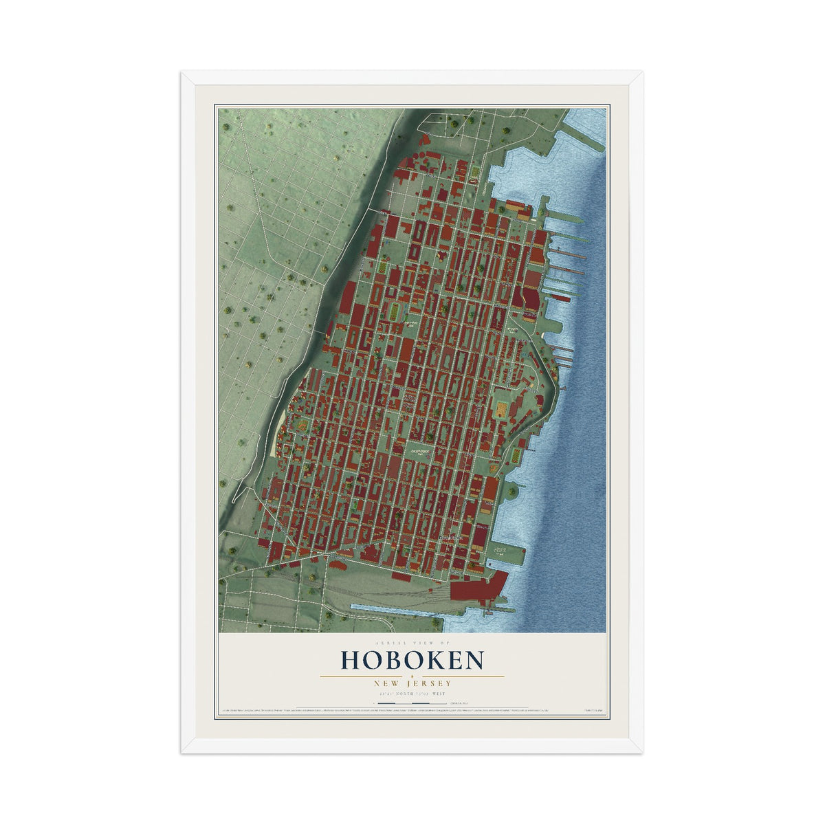Hoboken, New Jersey map print, 12" x 18" W/ White Ayous Wood Frame mockup