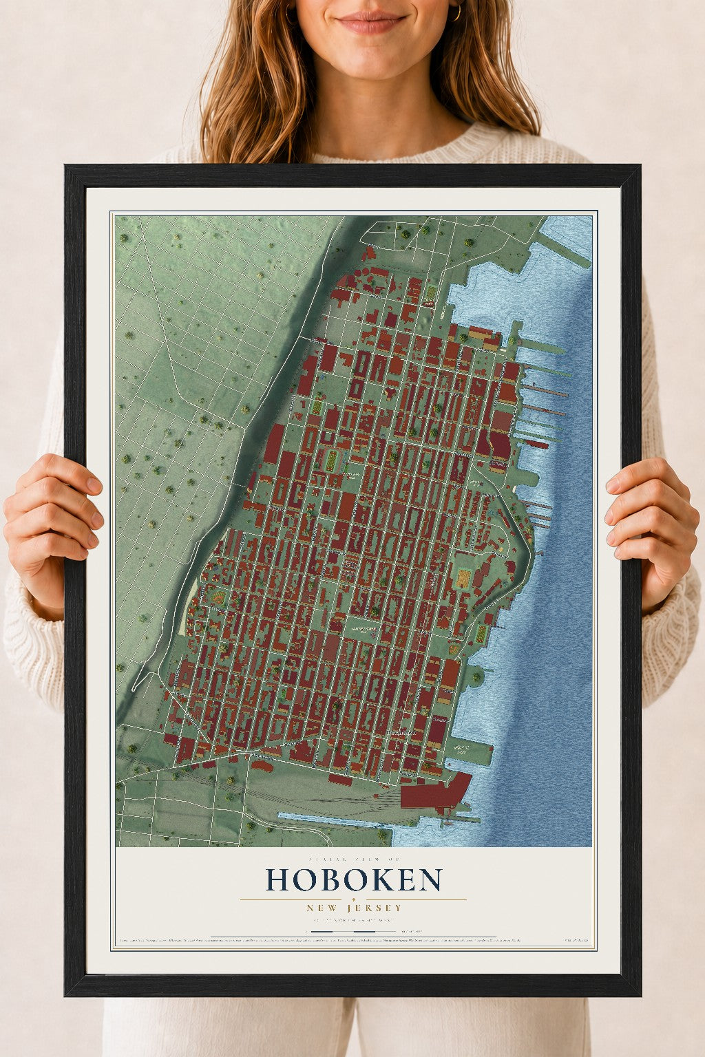 Hoboken, New Jersey map print, 18" x 24" W/ Black Ayous Wood Frame mockup