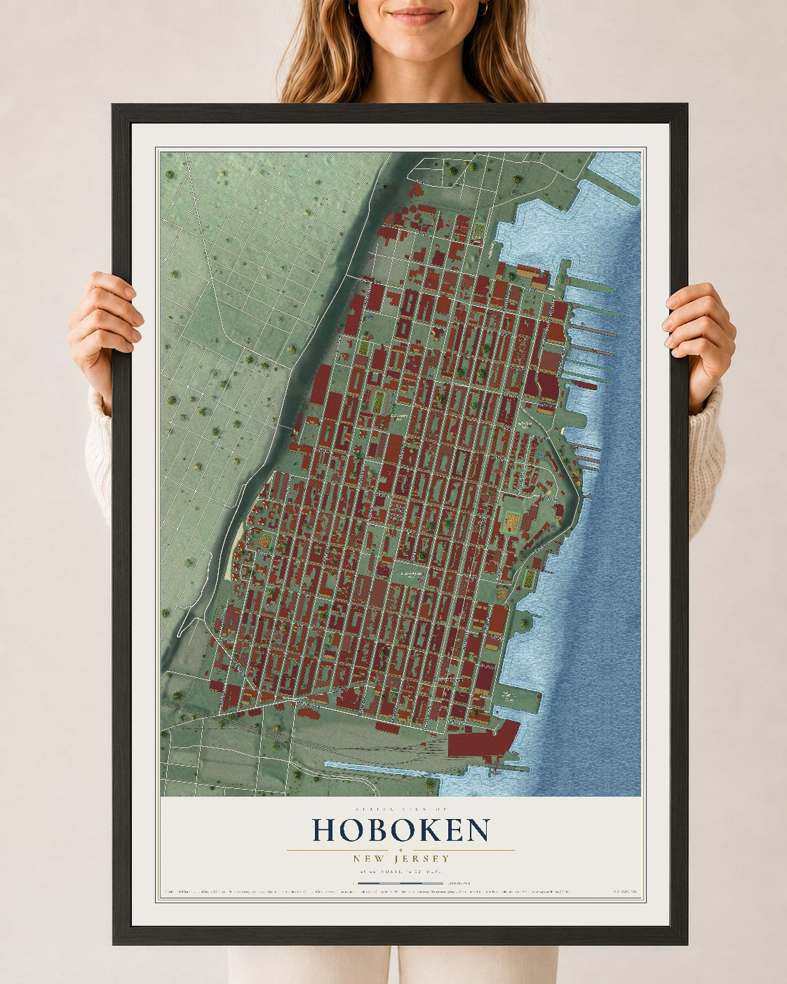 Hoboken, New Jersey map print, 24" x 36" W/ Black Ayous Wood Frame mockup