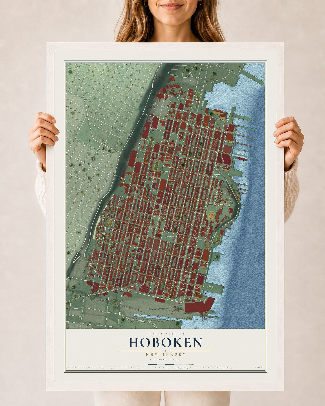 Hoboken, New Jersey map print, 24" x 36" W/ White Ayous Wood Frame mockup