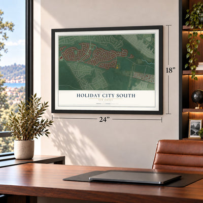 Holiday City South, New Jersey map, 18 x 24 inch print in a black frame in a home office