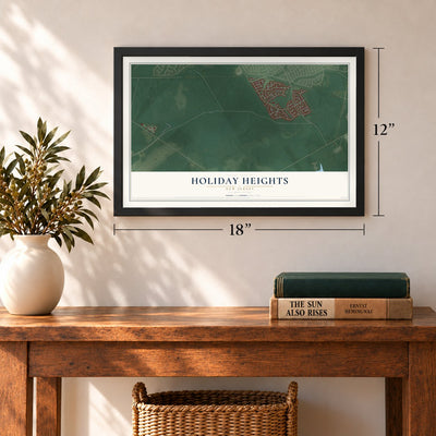 Holiday Heights, New Jersey map, 12 x 18 inch print in a black frame in an entryway