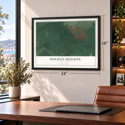 Holiday Heights, New Jersey map, 18 x 24 inch print in a black frame in a home office