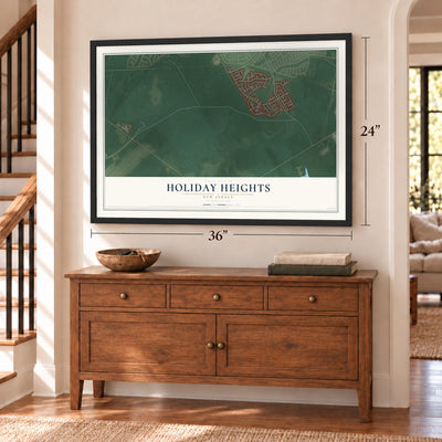 Holiday Heights, New Jersey map, 24 x 36 inch print in a black frame above a dresser by a staircase