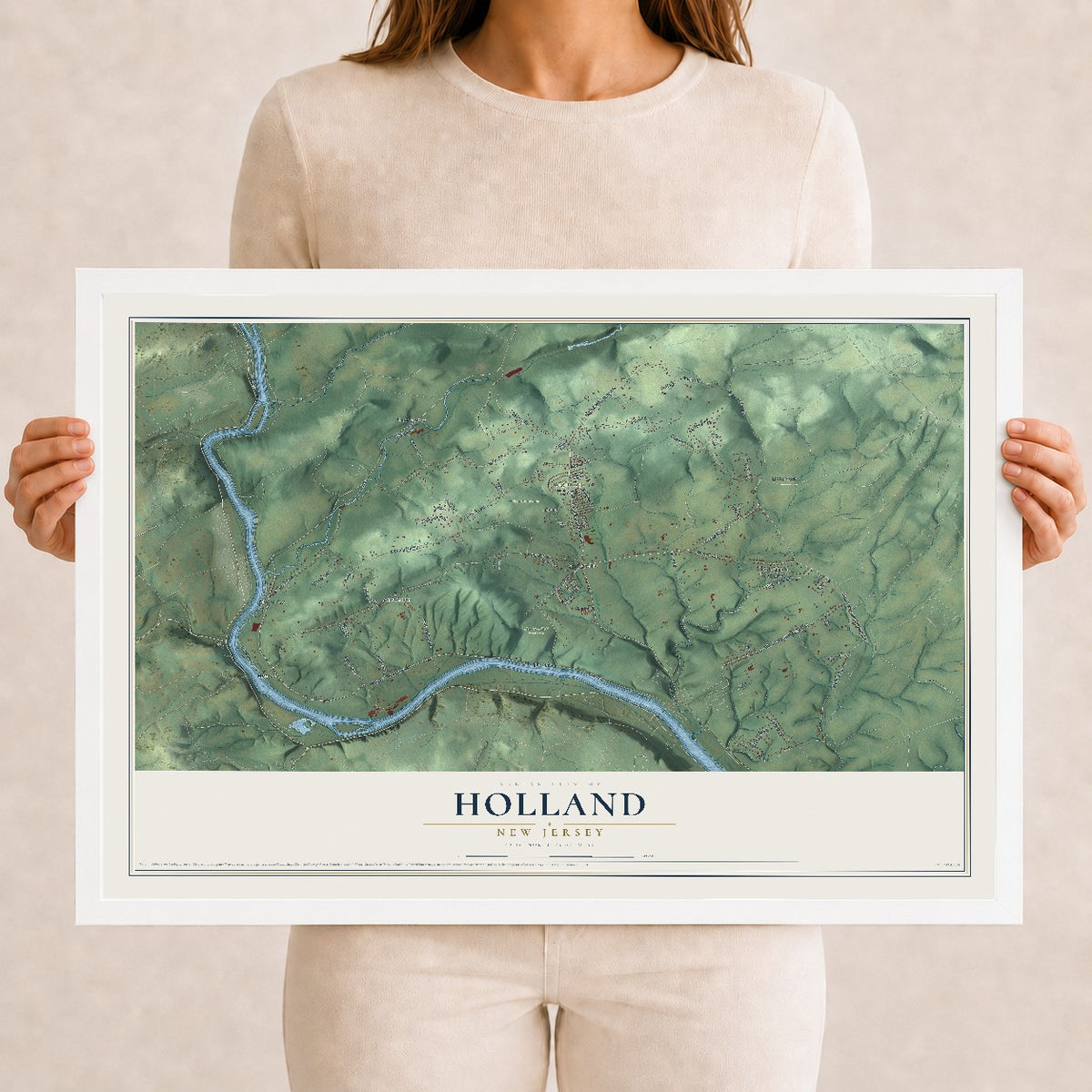 Holland, New Jersey map print, 12" x 18" W/ White Ayous Wood Frame mockup