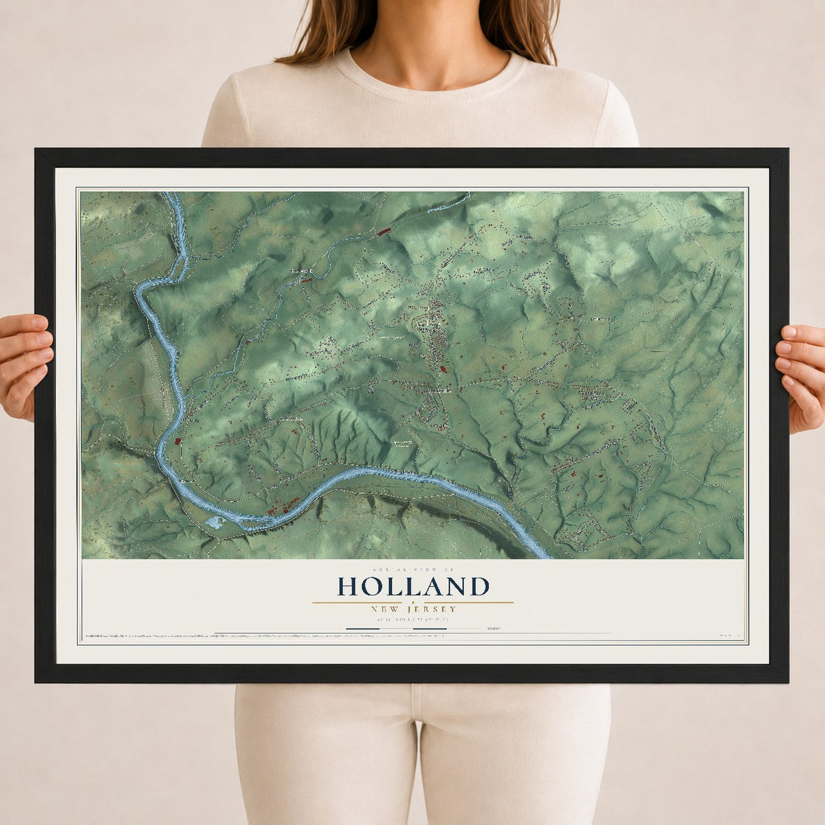 Holland, New Jersey map print, 18" x 24" W/ Black Ayous Wood Frame mockup