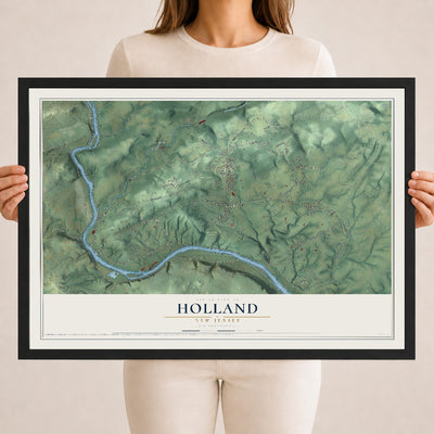 Holland, New Jersey map print, 18" x 24" W/ Black Ayous Wood Frame mockup