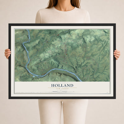 Holland, New Jersey map print, 24" x 36" W/ Black Ayous Wood Frame mockup