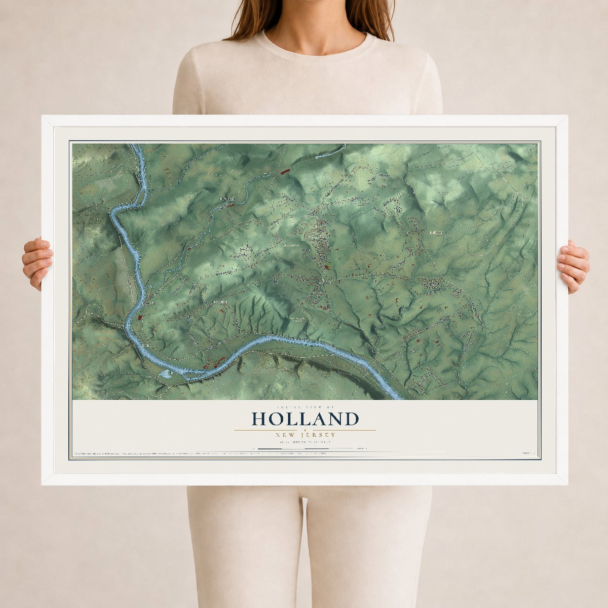 Holland, New Jersey map print, 24" x 36" W/ White Ayous Wood Frame mockup