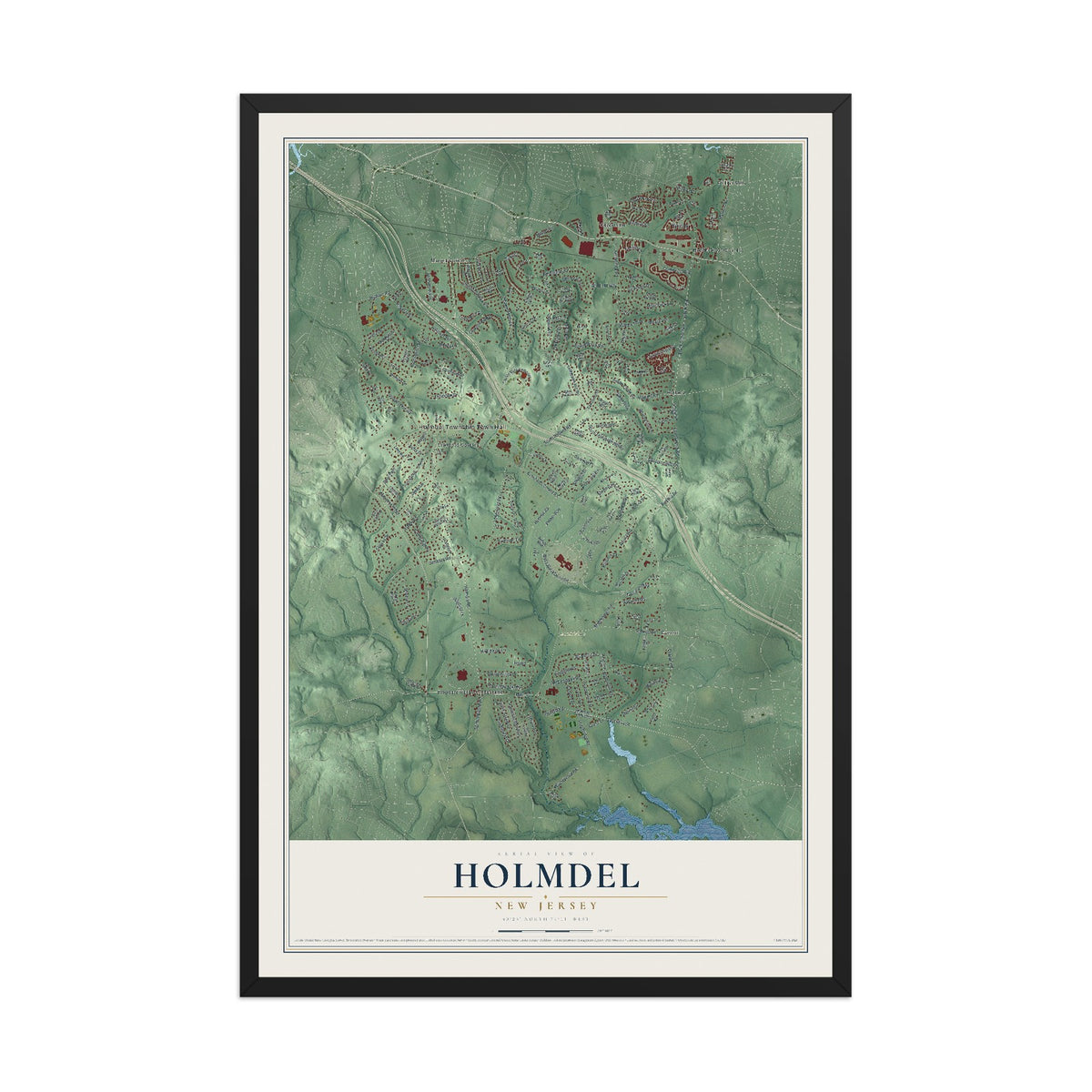 Holmdel, New Jersey map print, 12" x 18" W/ Black Ayous Wood Frame mockup