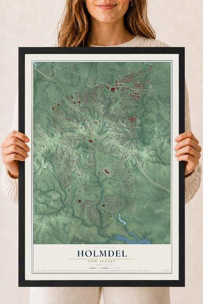 Holmdel, New Jersey map print, 18" x 24" W/ Black Ayous Wood Frame mockup