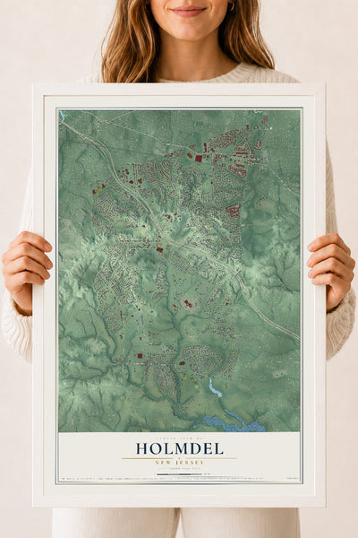 Holmdel, New Jersey map print, 18" x 24" W/ White Ayous Wood Frame mockup