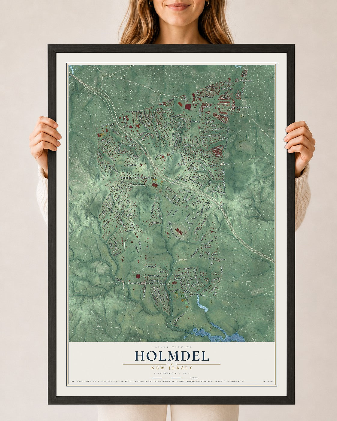 Holmdel, New Jersey map print, 24" x 36" W/ Black Ayous Wood Frame mockup