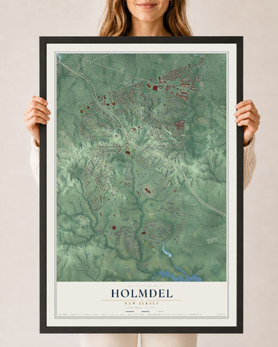 Holmdel, New Jersey map print, 24" x 36" W/ Black Ayous Wood Frame mockup