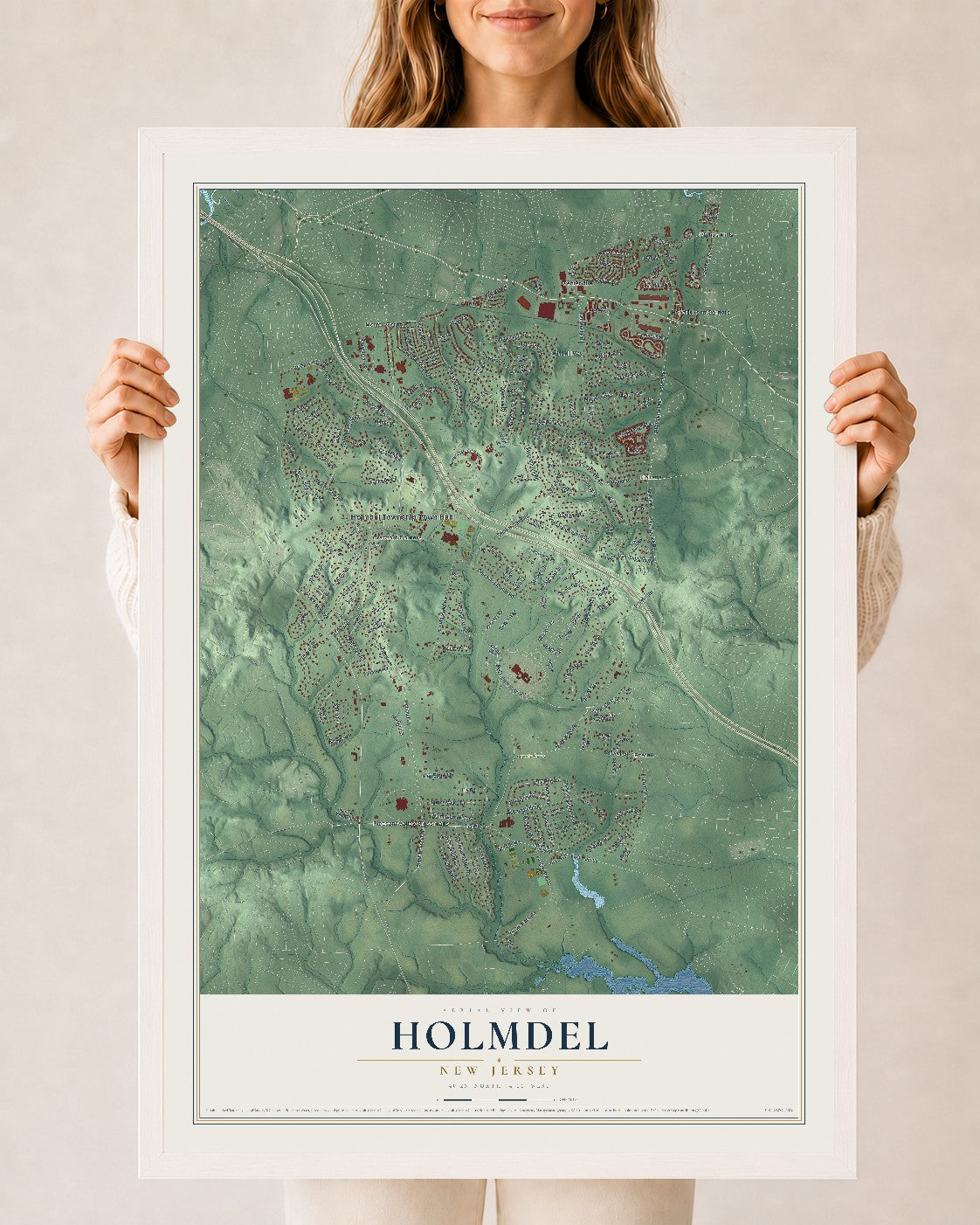 Holmdel, New Jersey map print, 24" x 36" W/ White Ayous Wood Frame mockup
