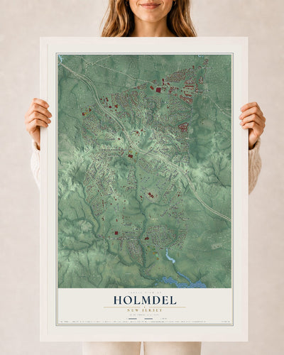 Holmdel, New Jersey map print, 24" x 36" W/ White Ayous Wood Frame mockup