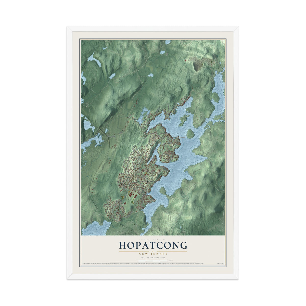 Hopatcong, New Jersey map print, 12" x 18" W/ White Ayous Wood Frame mockup