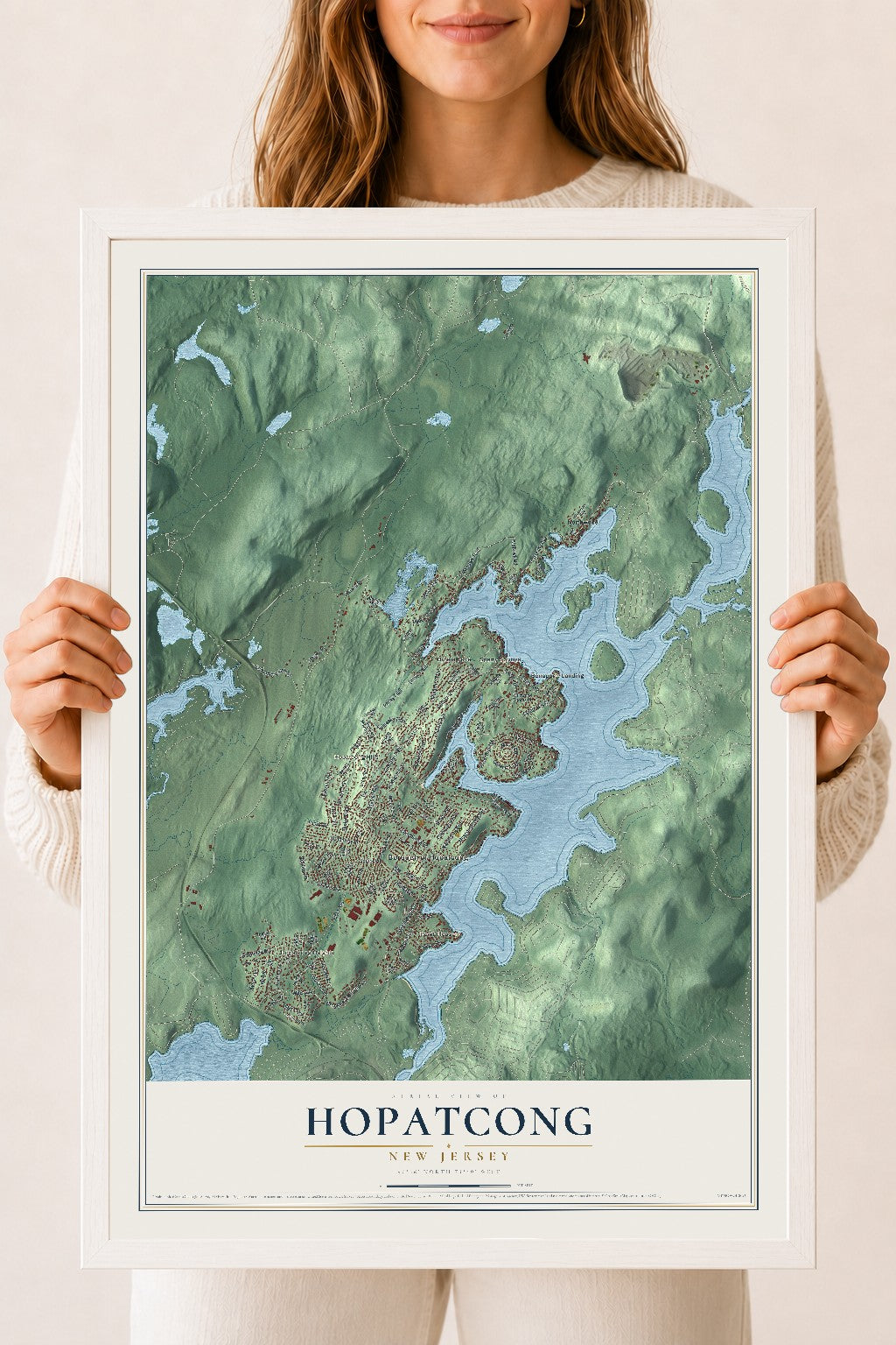 Hopatcong, New Jersey map print, 18" x 24" W/ White Ayous Wood Frame mockup