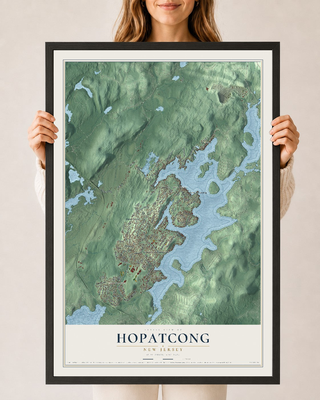 Hopatcong, New Jersey map print, 24" x 36" W/ Black Ayous Wood Frame mockup