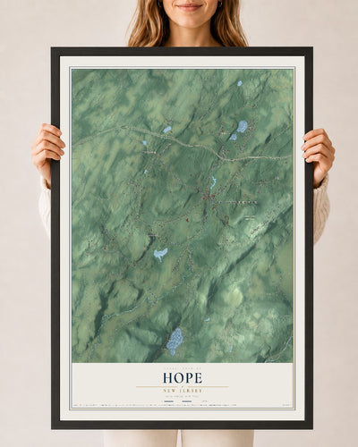 Hope, New Jersey map print, 24" x 36" W/ Black Ayous Wood Frame mockup