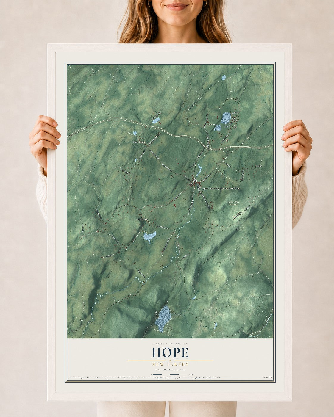Hope, New Jersey map print, 24" x 36" W/ White Ayous Wood Frame mockup