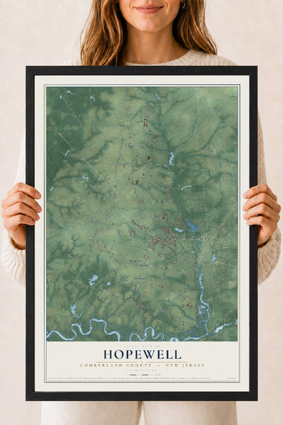 Hopewell, New Jersey map print, 18" x 24" W/ Black Ayous Wood Frame mockup