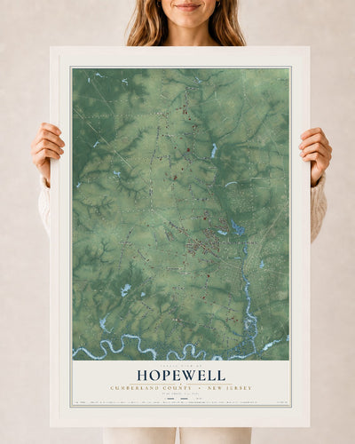 Hopewell, New Jersey map print, 24" x 36" W/ White Ayous Wood Frame mockup