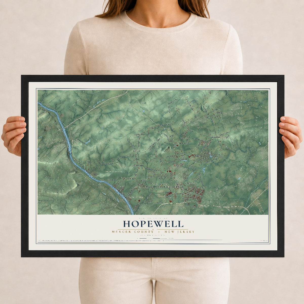 Hopewell, New Jersey map print, 12" x 18" W/ Black Ayous Wood Frame mockup