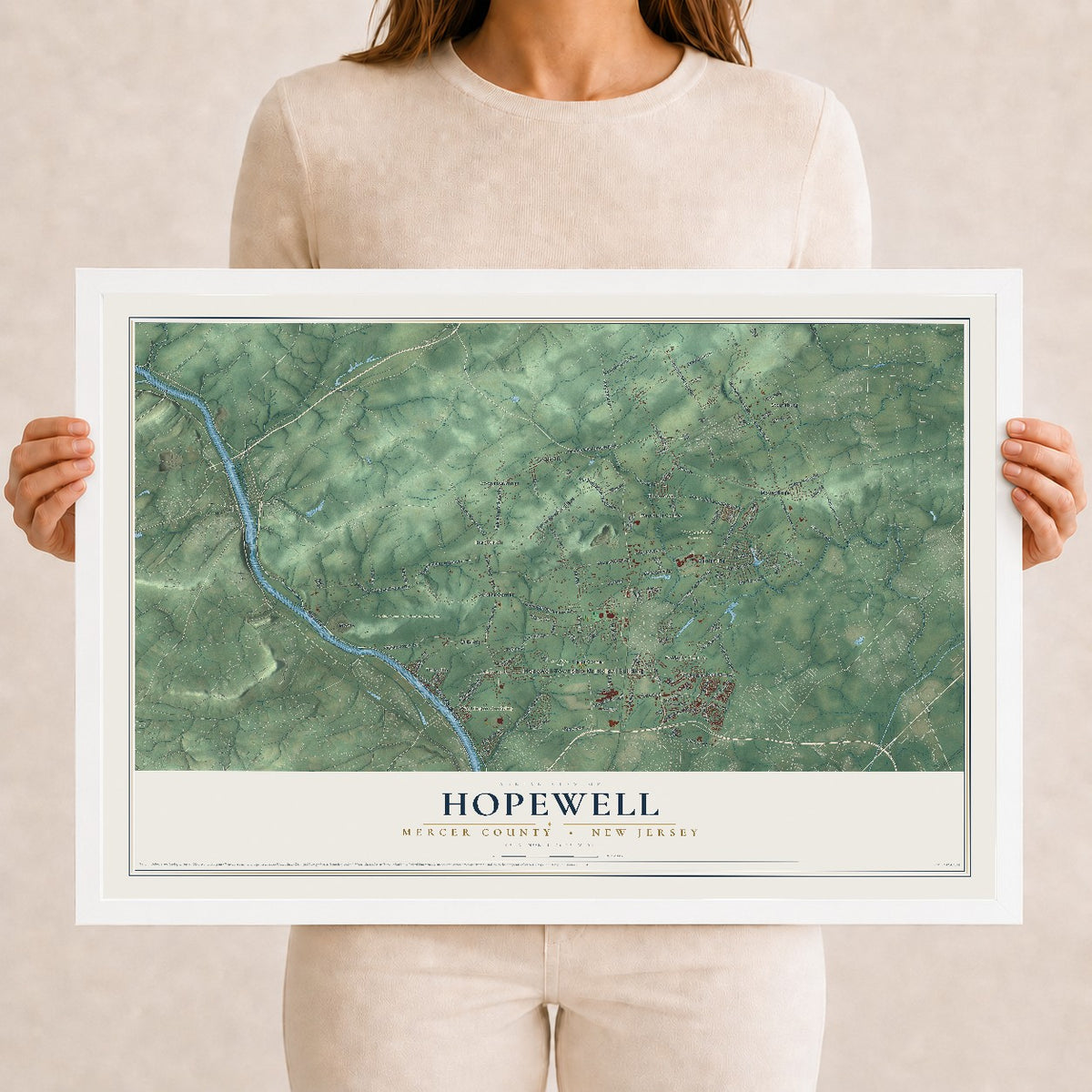 Hopewell, New Jersey map print, 12" x 18" W/ White Ayous Wood Frame mockup