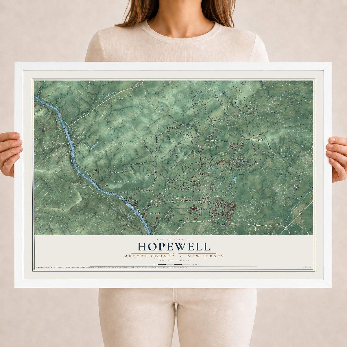 Hopewell, New Jersey map print, 18" x 24" W/ White Ayous Wood Frame mockup