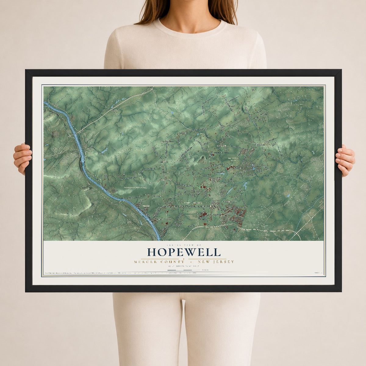 Hopewell, New Jersey map print, 24" x 36" W/ Black Ayous Wood Frame mockup