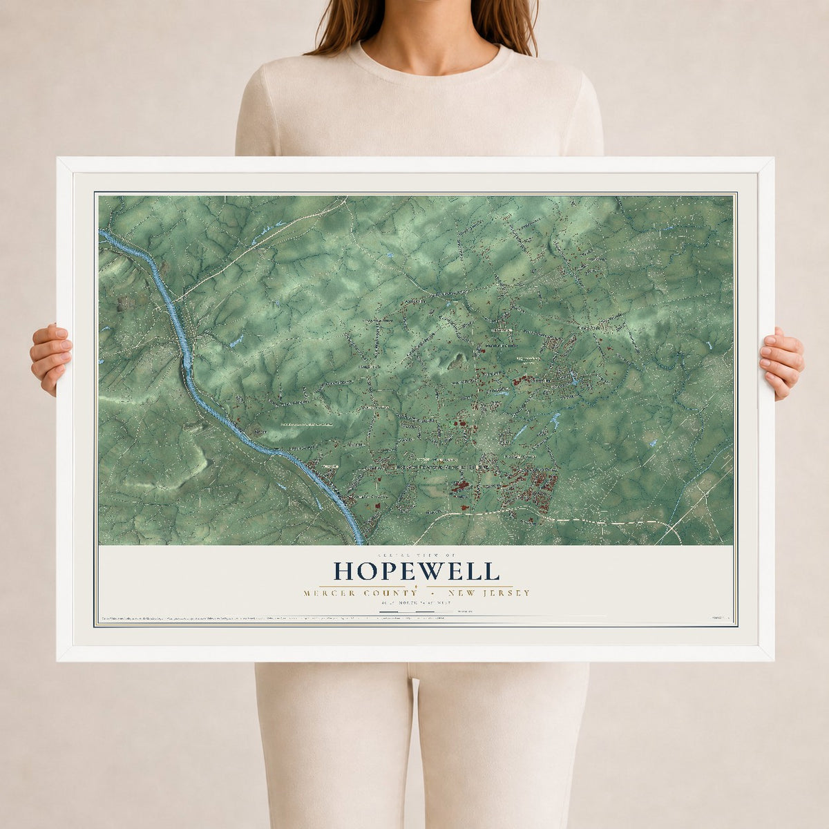 Hopewell, New Jersey map print, 24" x 36" W/ White Ayous Wood Frame mockup