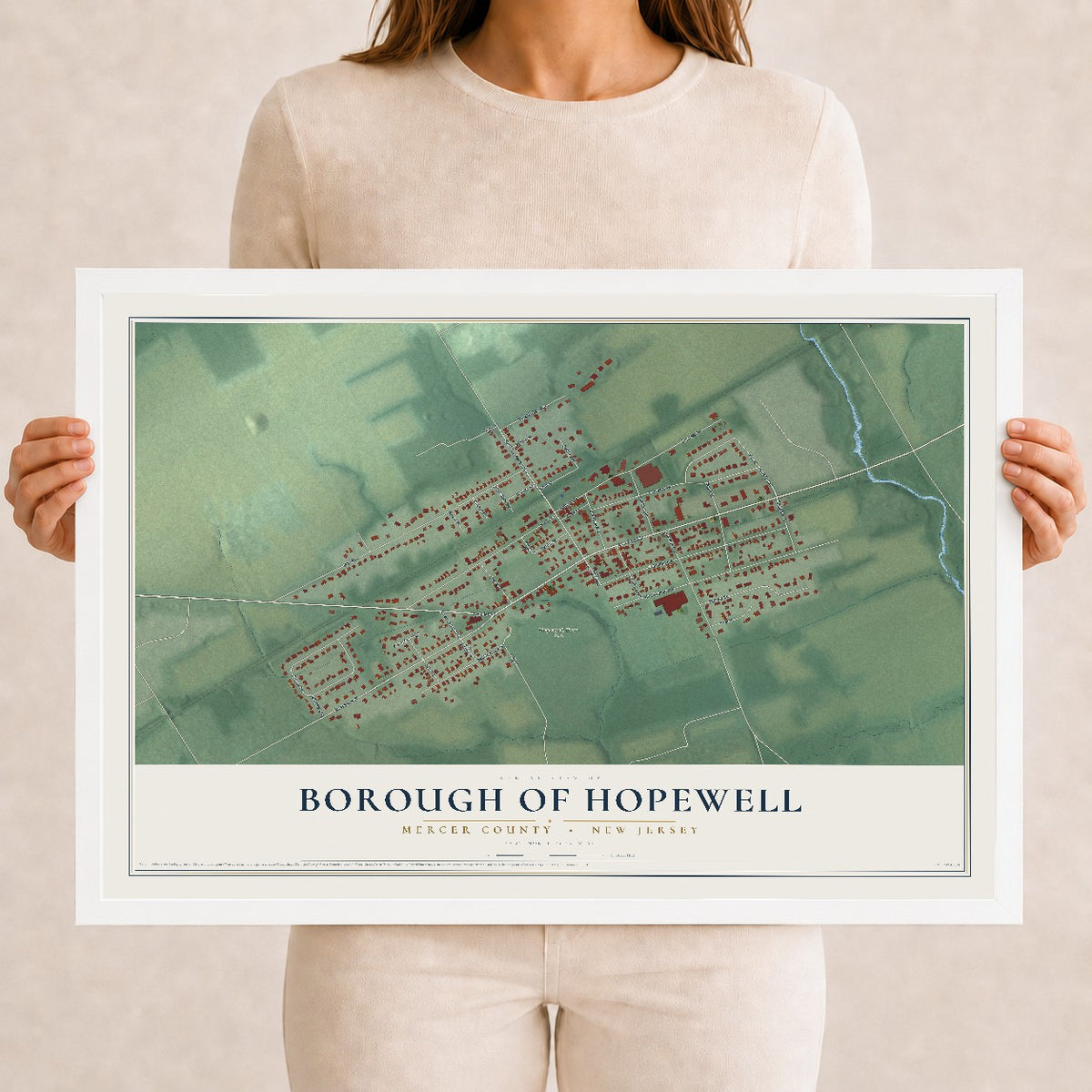 Borough of Hopewell, New Jersey map print, 12" x 18" W/ White Ayous Wood Frame mockup