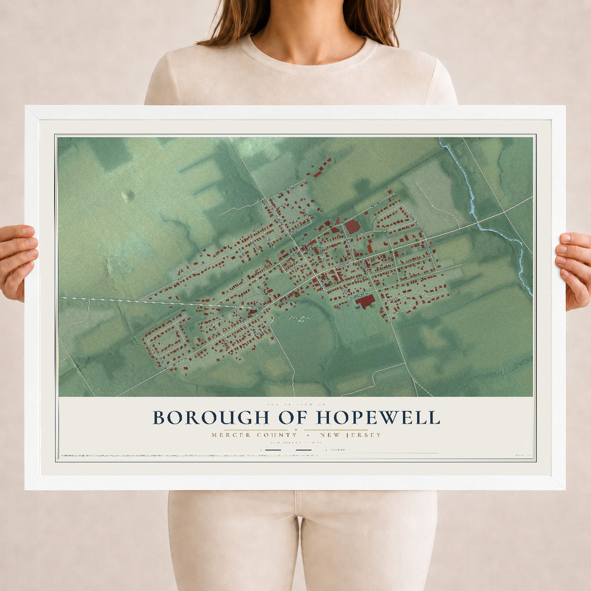 Borough of Hopewell, New Jersey map print, 18" x 24" W/ White Ayous Wood Frame mockup