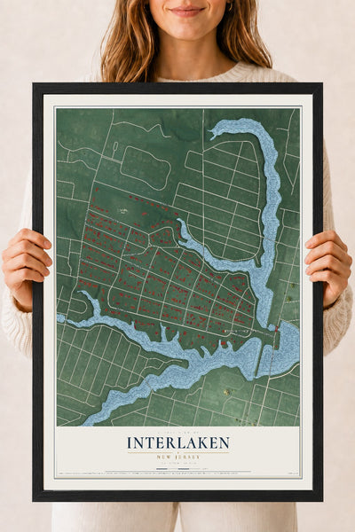 Interlaken, New Jersey map print, 18" x 24" W/ Black Ayous Wood Frame mockup