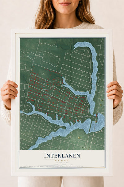 Interlaken, New Jersey map print, 18" x 24" W/ White Ayous Wood Frame mockup