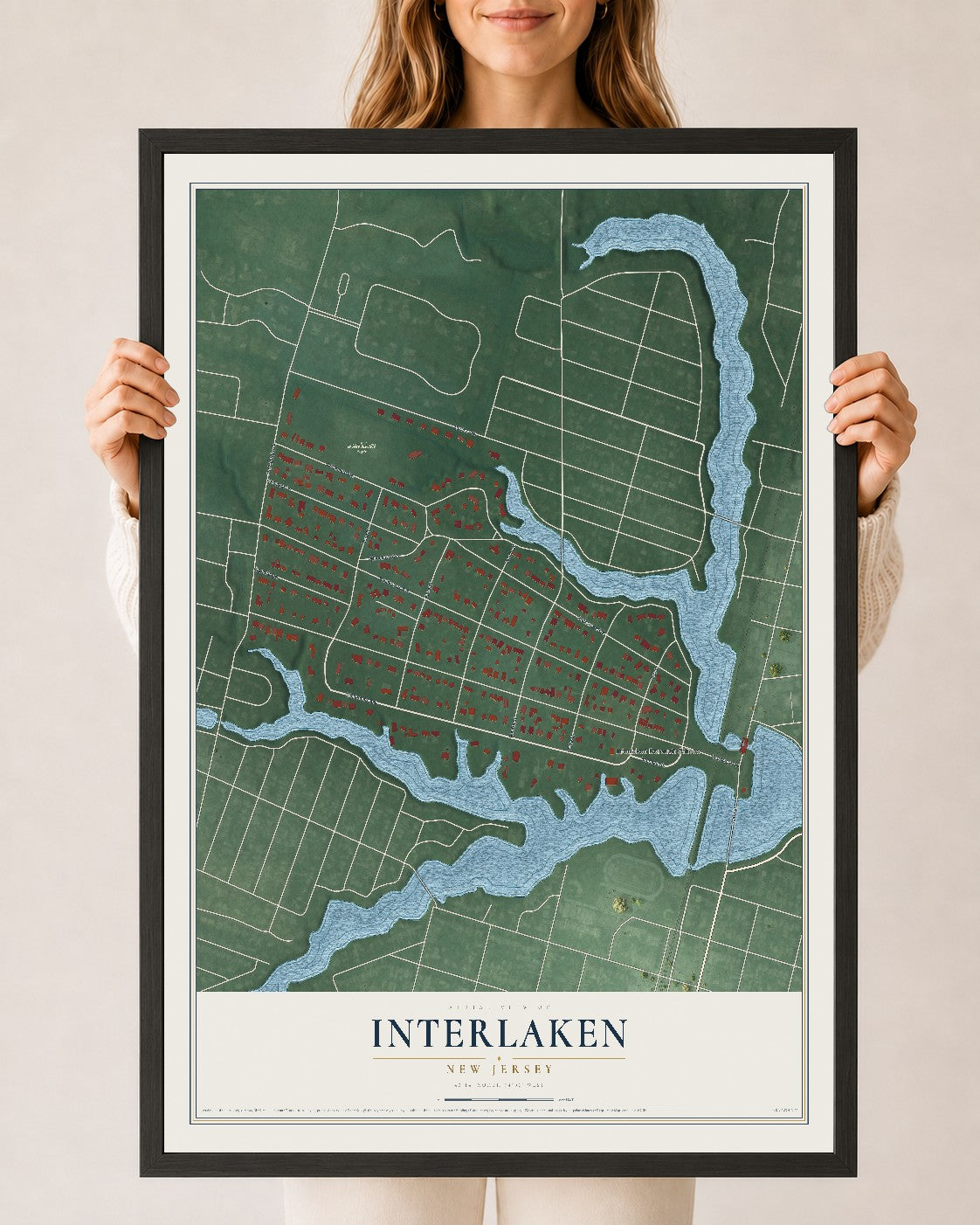 Interlaken, New Jersey map print, 24" x 36" W/ Black Ayous Wood Frame mockup
