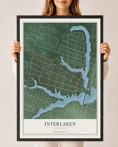 Interlaken, New Jersey map print, 24" x 36" W/ Black Ayous Wood Frame mockup