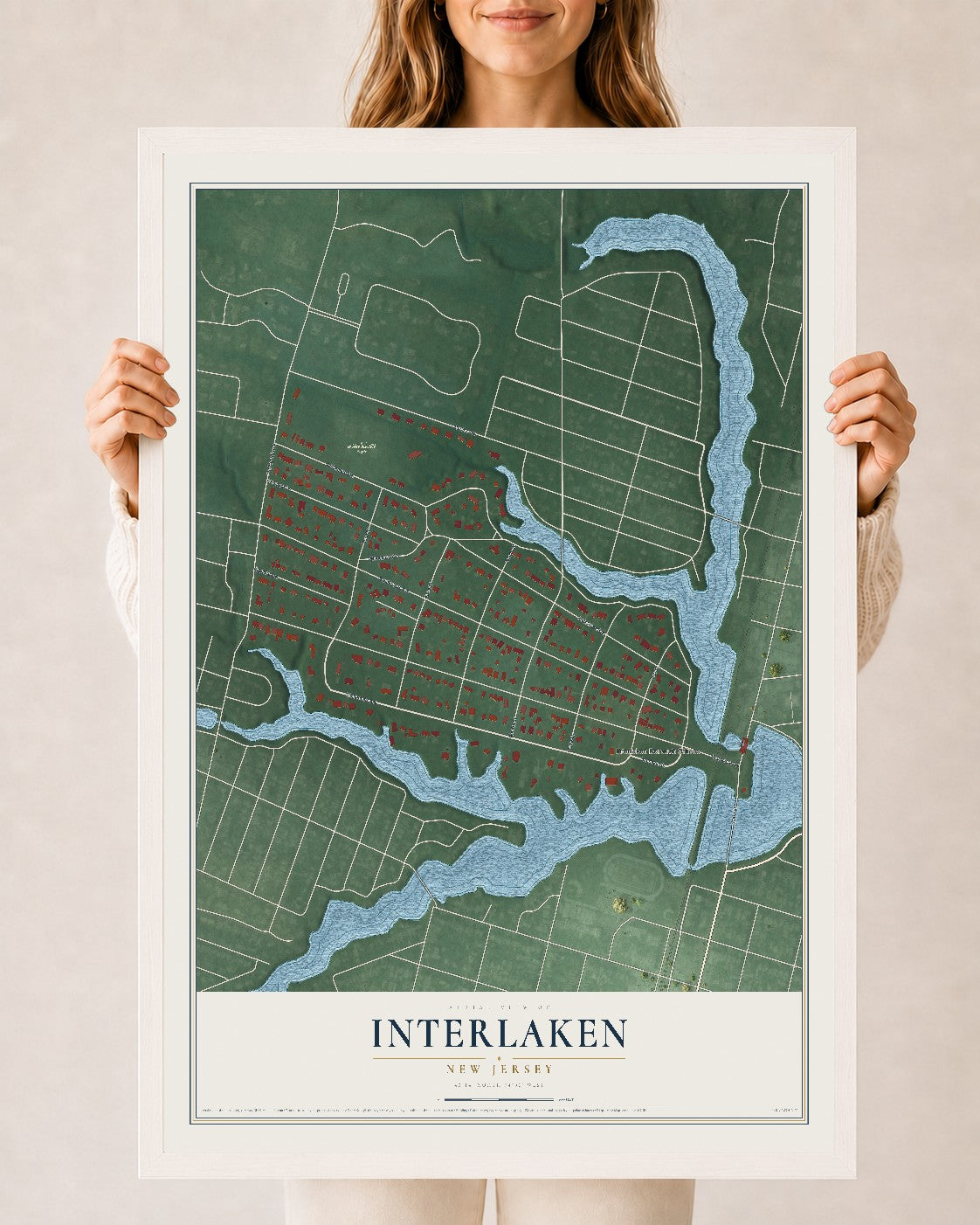 Interlaken, New Jersey map print, 24" x 36" W/ White Ayous Wood Frame mockup