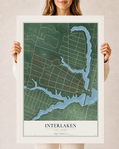 Interlaken, New Jersey map print, 24" x 36" W/ White Ayous Wood Frame mockup