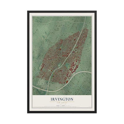 Irvington, New Jersey map print, 12" x 18" W/ Black Ayous Wood Frame mockup